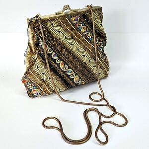 NEW VINTAGE Magid Handmade Gold Beaded Evening Kisslock Purse Bag Chain Formal